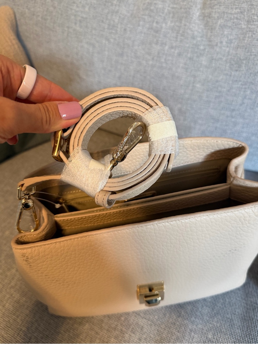 Furla Cream Pebbled Leather Top Handle Satchel with Gold Hardware - Picture 6 of 10